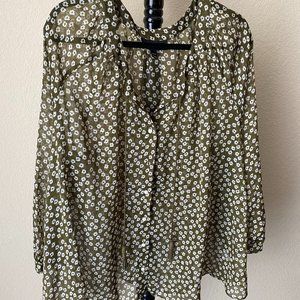 Lane Bryant, Size 18/20, Long Sleeve, Forest Green Sheer, Floral, Button Down